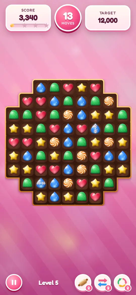 A level in the Candy Shop theme: gummy hearts, gumdrops and swirls on a chocolate-box board