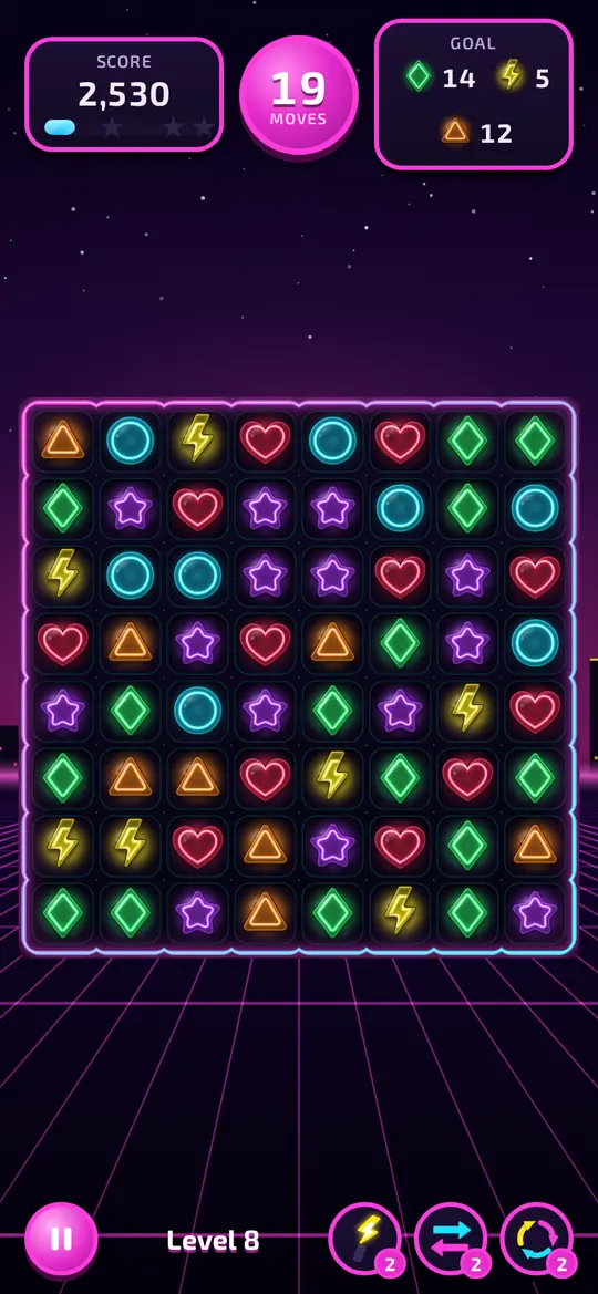 A level in the Neon Night theme: glowing neon hearts, stars and bolts over a synthwave grid