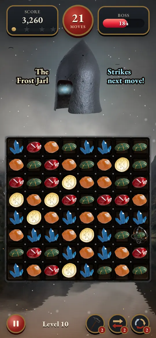 A boss level in the Iron Winter theme: a medieval helmet with glowing eyes above the board